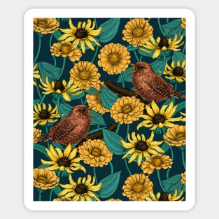 Wrens and flowers on dark blue Sticker